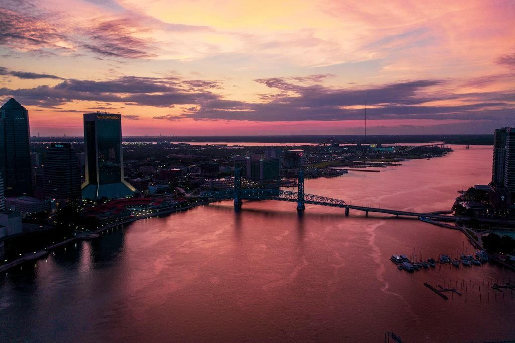 A breathtaking view of Jacksonville's urban skyline captured during a vibrant sunset.